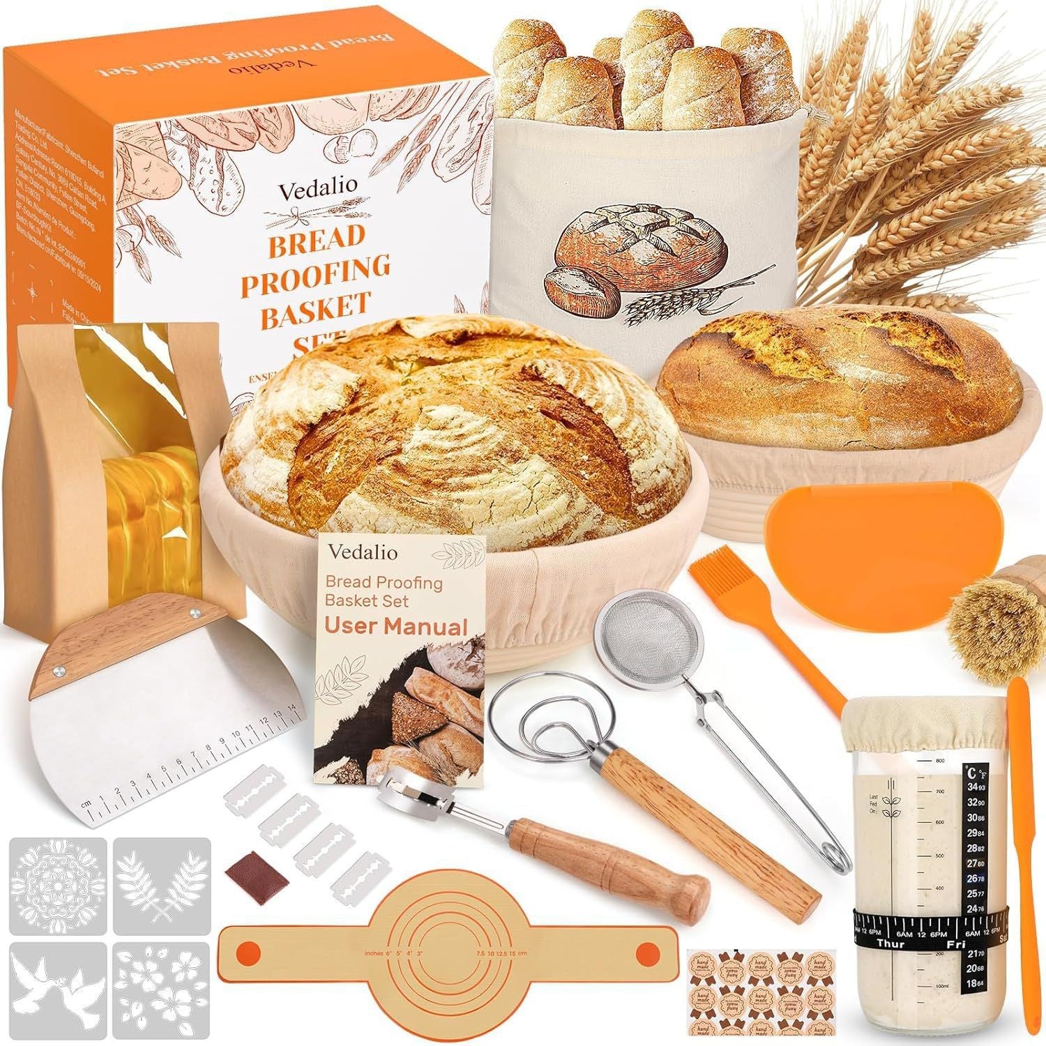 Brotback Set - GÄRKORB 6 Zubehör für perfektes Brot  wie beim Bäcker Komplettes Set für Anfänger & Profis